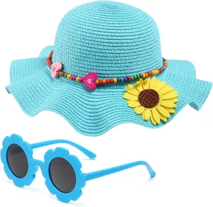 Girls Straw Hat with Flower Round Sunglasses, Summer Foldable Large Brim Sunflower Bowknot Beach Toddler Straw Sun Hat, 2-6T