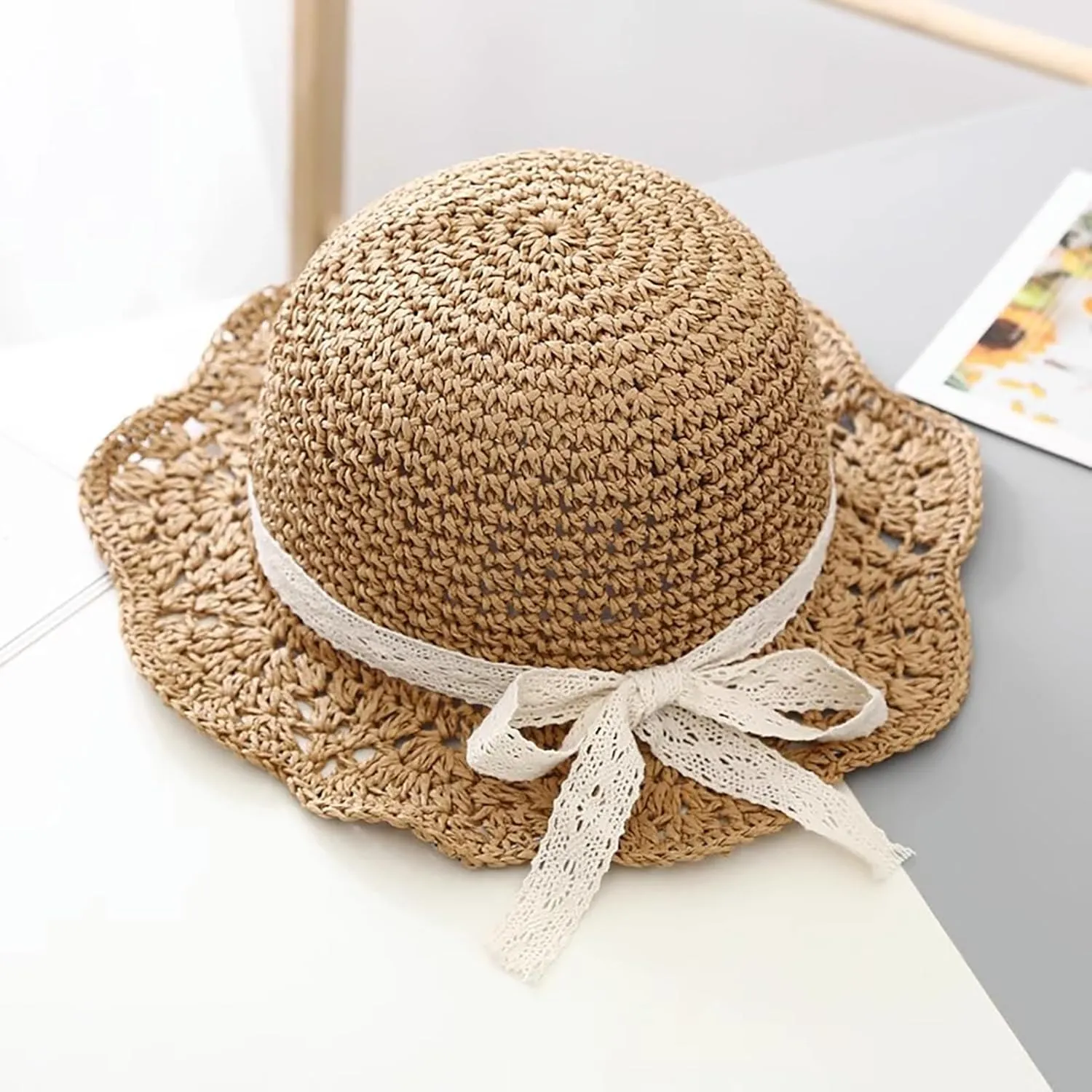 Girls Straw Hat with Flower Round Sunglasses, Summer Foldable Large Brim Sunflower Bowknot Beach Toddler Straw Sun Hat, 2-6T
