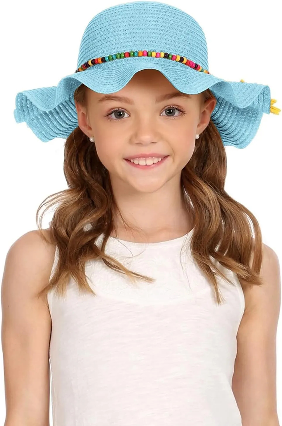 Girls Straw Hat with Flower Round Sunglasses, Summer Foldable Large Brim Sunflower Bowknot Beach Toddler Straw Sun Hat, 2-6T