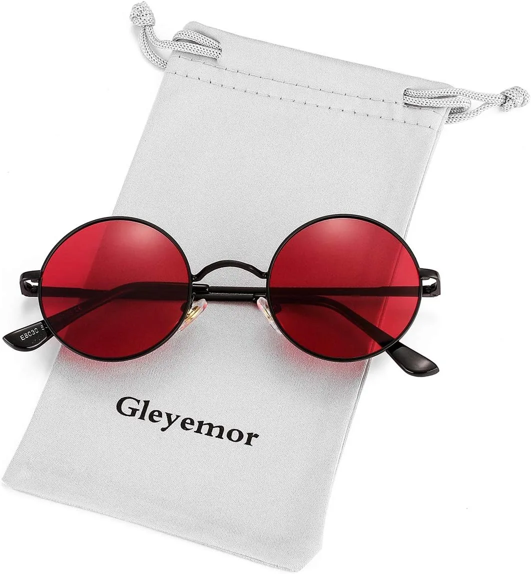 Gleyemor Polarized Round Sunglasses for Men Women Hippie Small Circle Glasses Red Yellow Lenses