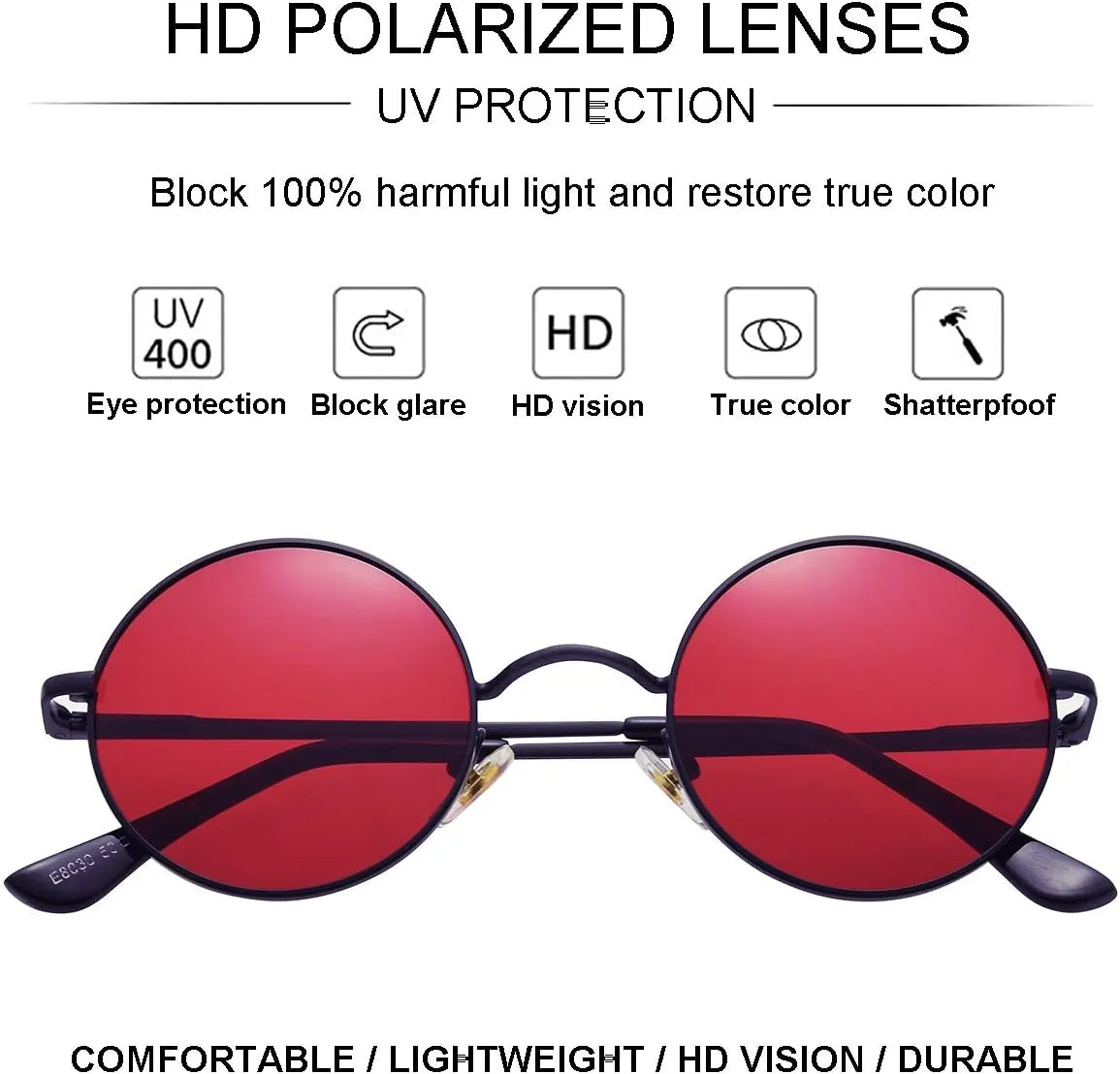 Gleyemor Polarized Round Sunglasses for Men Women Hippie Small Circle Glasses Red Yellow Lenses