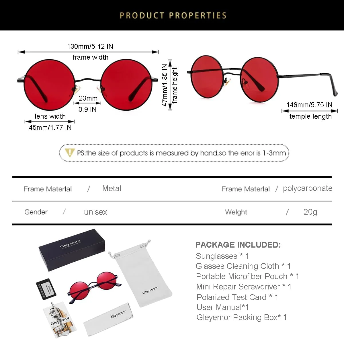 Gleyemor Polarized Round Sunglasses for Men Women Hippie Small Circle Glasses Red Yellow Lenses