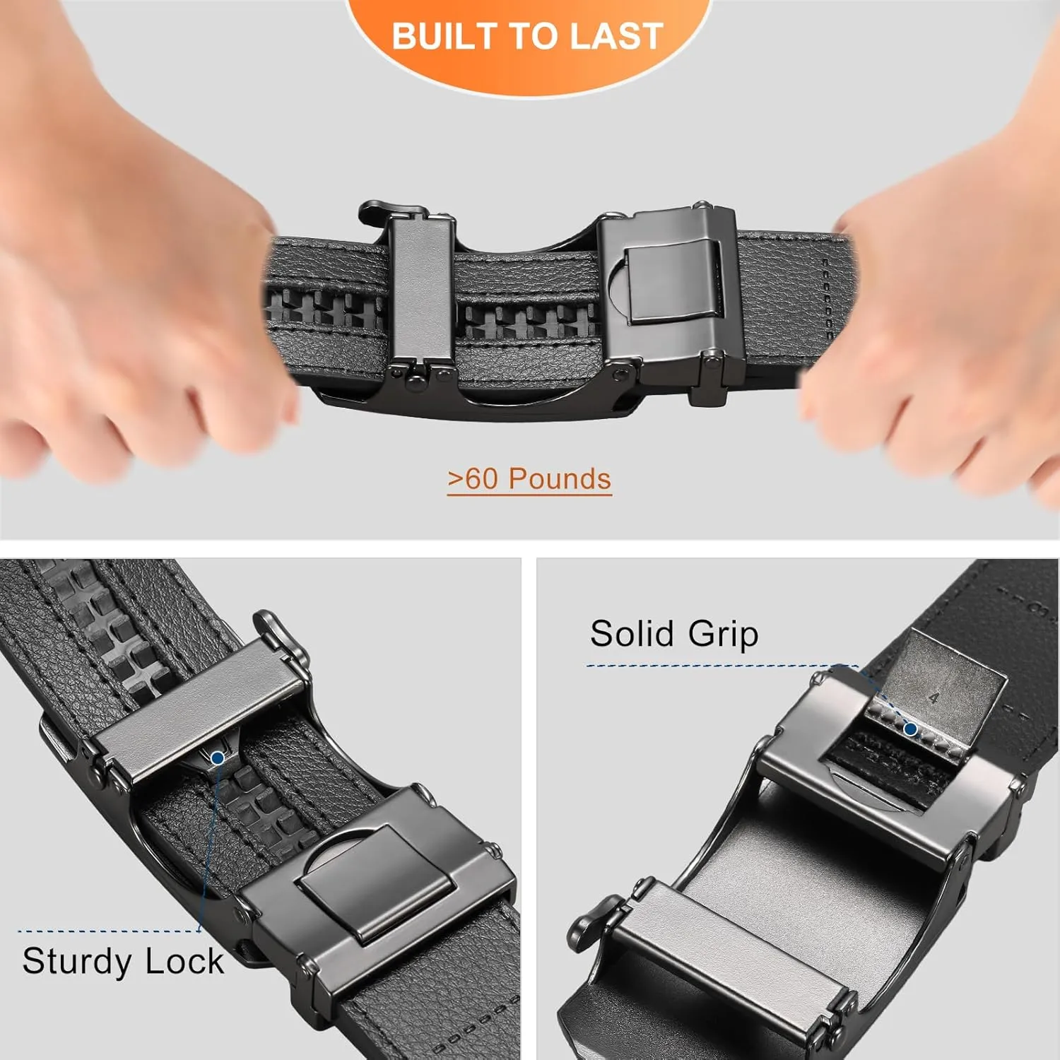GOIACII Men's Leather Belt Ratchet Slide Buckle Customizable Fit Waistline with Gift Box