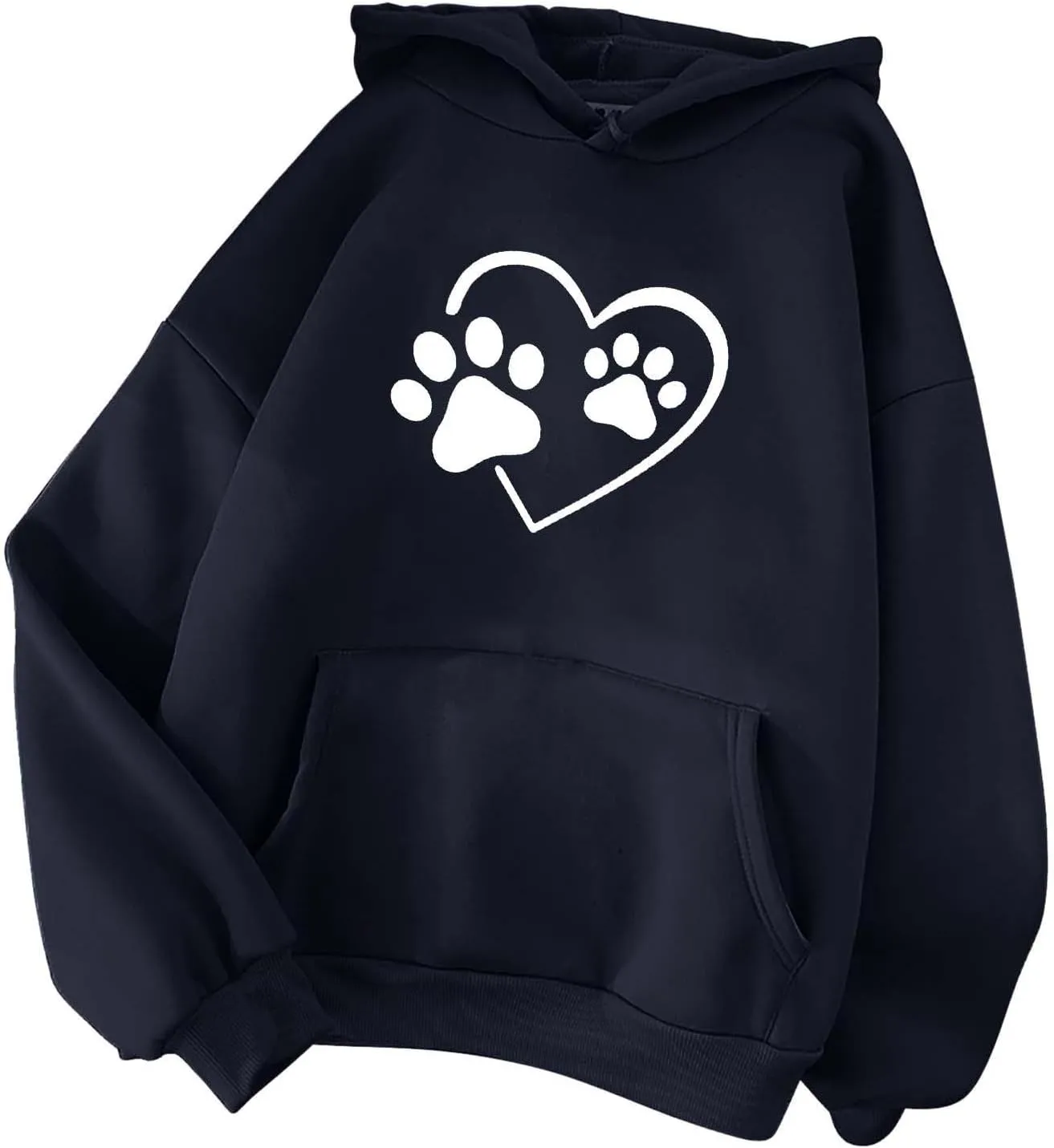 Heart Print Hoodies for Women Drawstring Long Sleeve Cute Oversized Sweatshirt Dog Paw Print Graphic Pullover Tops