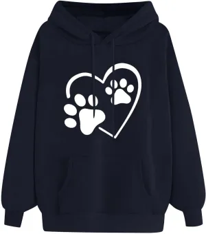 Heart Print Hoodies for Women Drawstring Long Sleeve Cute Oversized Sweatshirt Dog Paw Print Graphic Pullover Tops