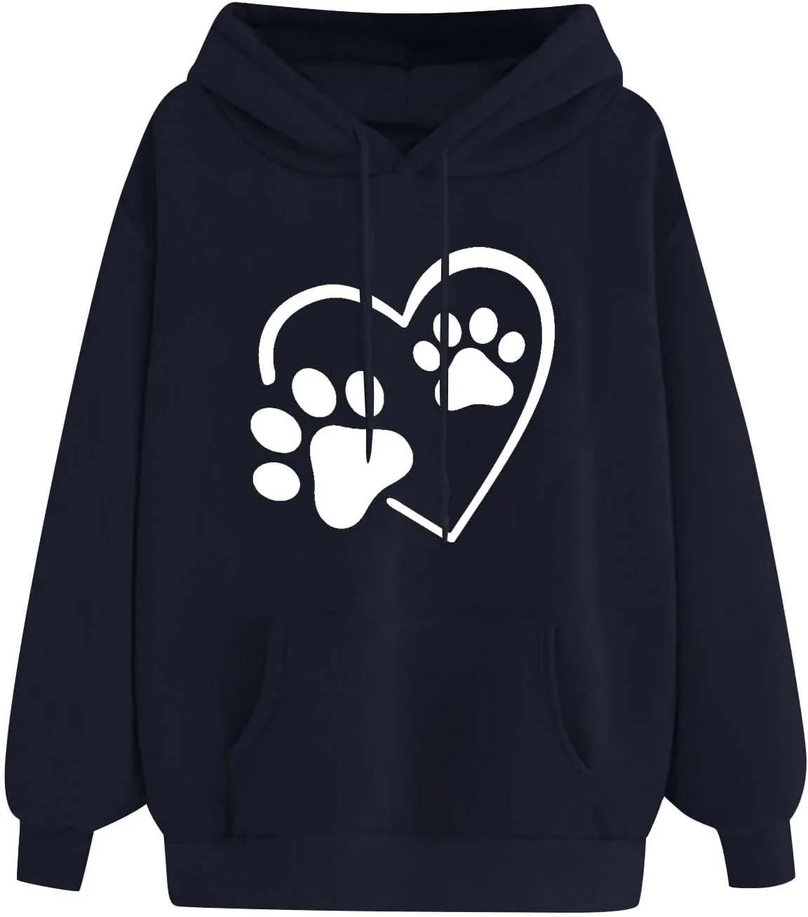 Heart Print Hoodies for Women Drawstring Long Sleeve Cute Oversized Sweatshirt Dog Paw Print Graphic Pullover Tops