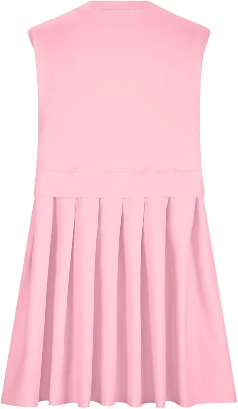 HGps8w Women's 2025 Summer Patchwork Pleated Mini Dress - Loose Crew Neck Sleeveless Casual Solid Swing Flowy Sundress