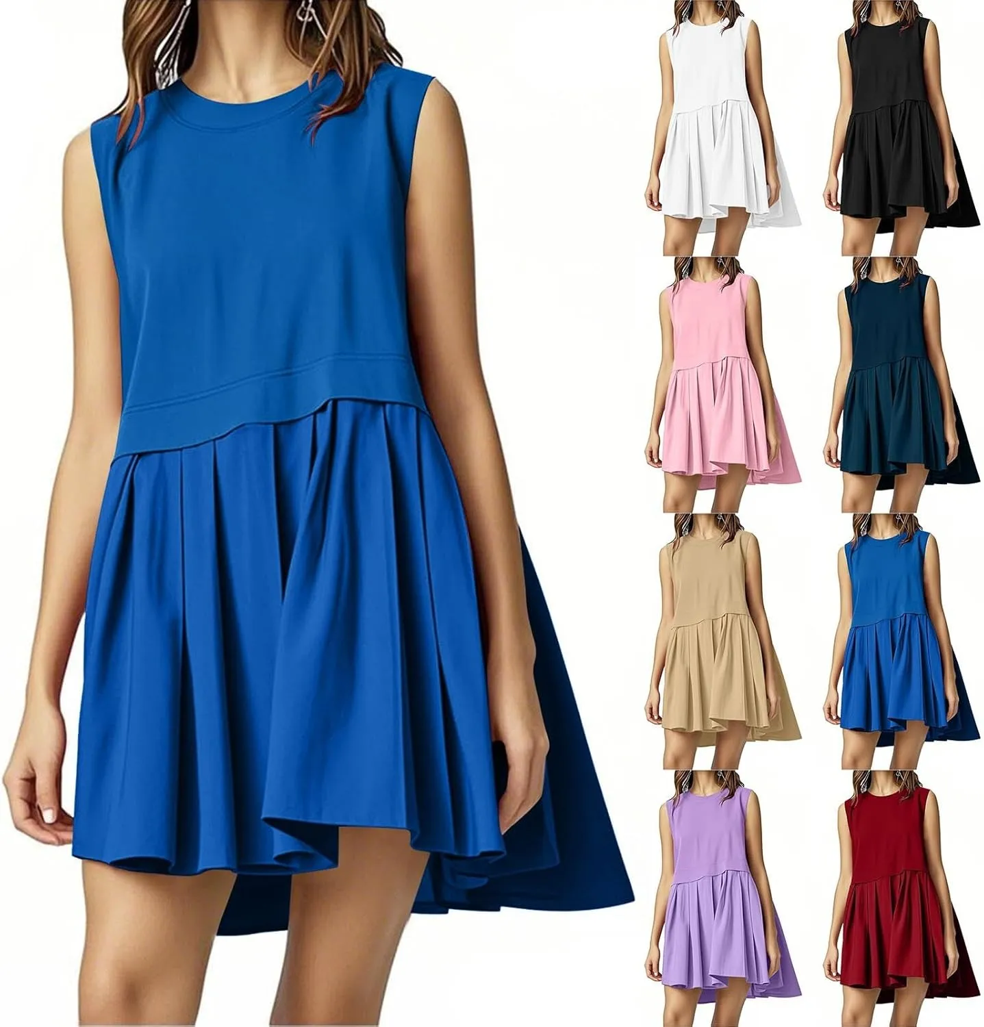 HGps8w Women's 2025 Summer Patchwork Pleated Mini Dress - Loose Crew Neck Sleeveless Casual Solid Swing Flowy Sundress