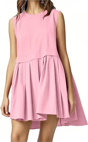 HGps8w Women's 2025 Summer Patchwork Pleated Mini Dress - Loose Crew Neck Sleeveless Casual Solid Swing Flowy Sundress