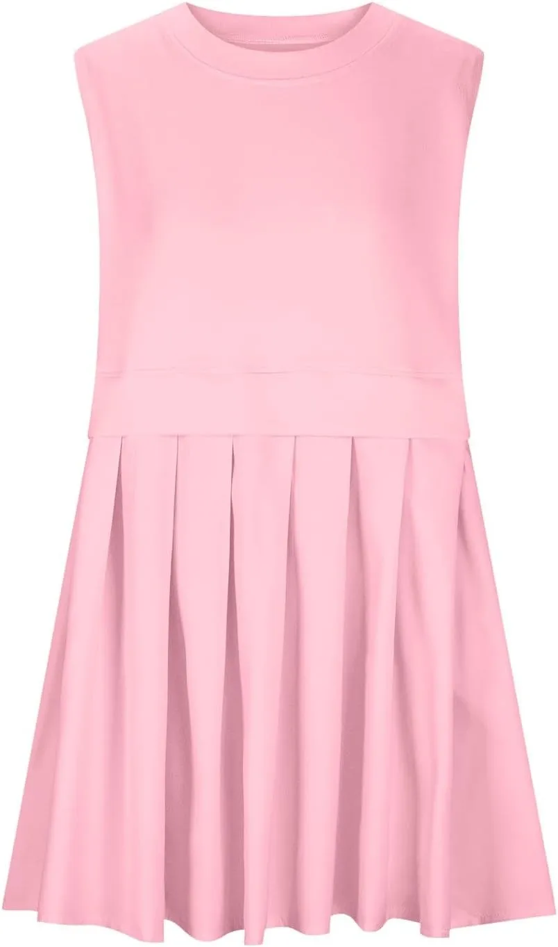 HGps8w Women's 2025 Summer Patchwork Pleated Mini Dress - Loose Crew Neck Sleeveless Casual Solid Swing Flowy Sundress