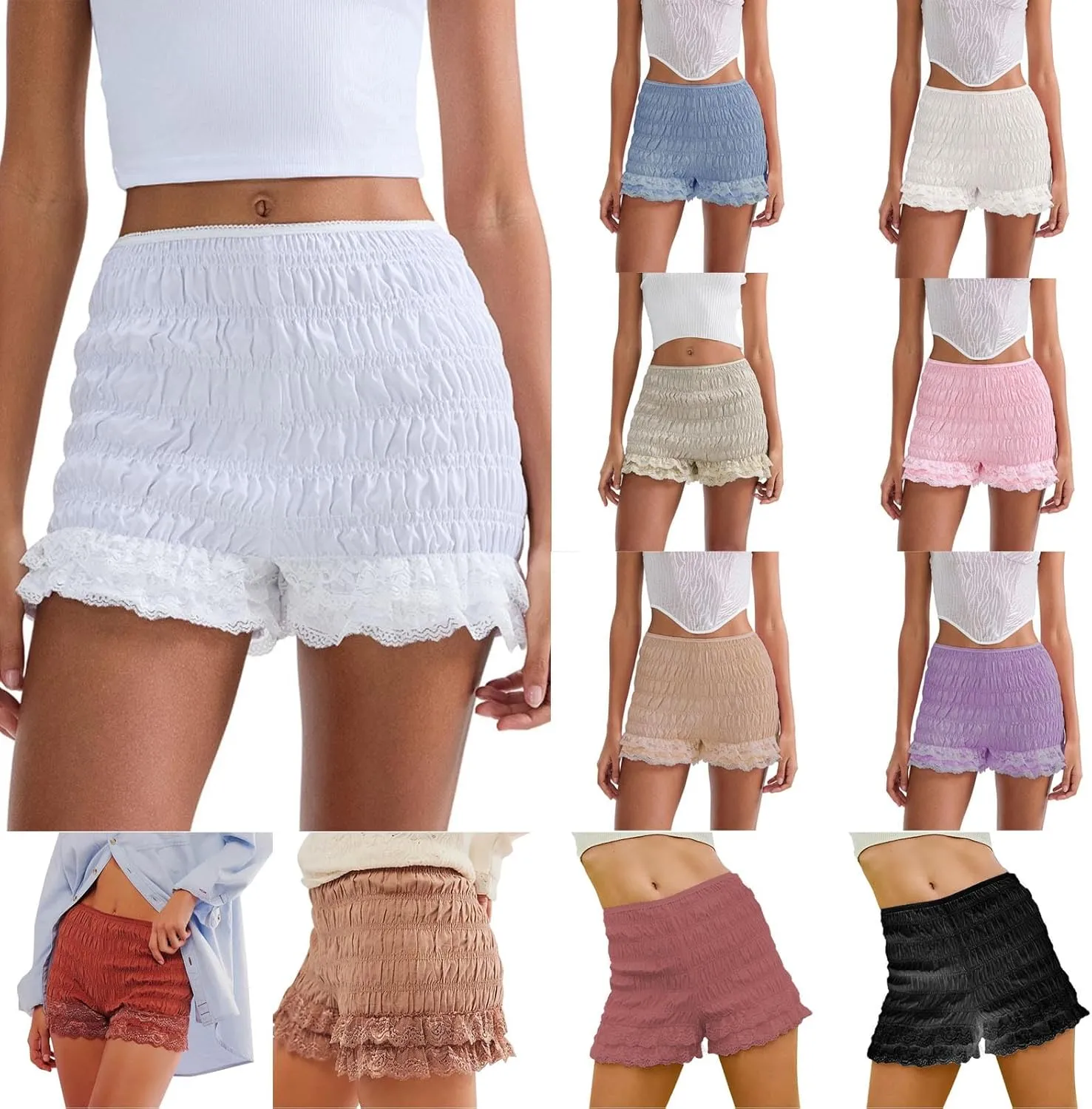 HGps8w Women's Ruffle Bloomers Sexy Layered Lounge Shorts High Waisted Lace Pettipants Cute Pajamas Bottoms