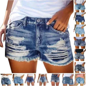 High Waisted Curvy Jeans Shorts For Women Frayed Raw Hem Distressed Ripped Hot Shorts Trendy Pull On Denim Shorts