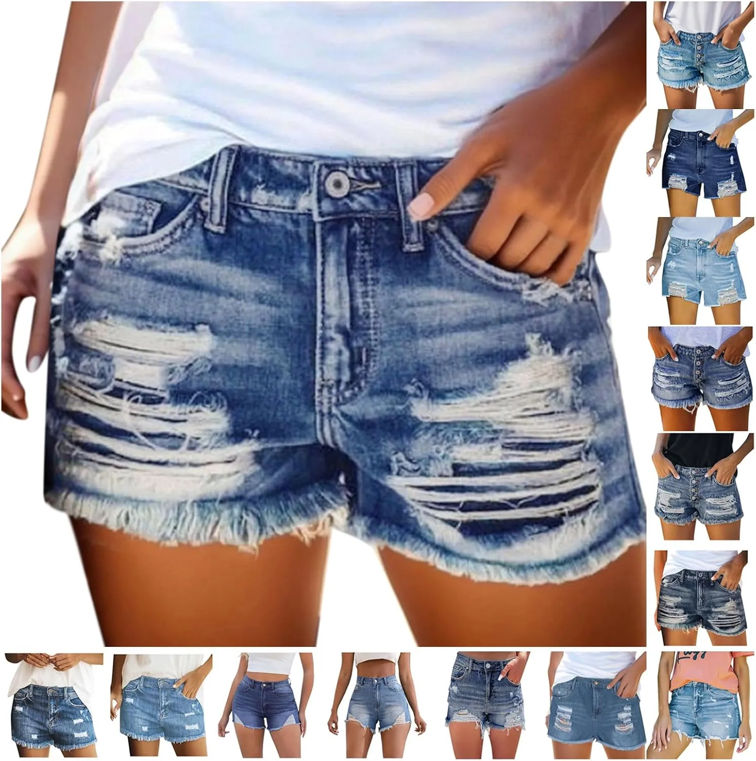 High Waisted Curvy Jeans Shorts For Women Frayed Raw Hem Distressed Ripped Hot Shorts Trendy Pull On Denim Shorts