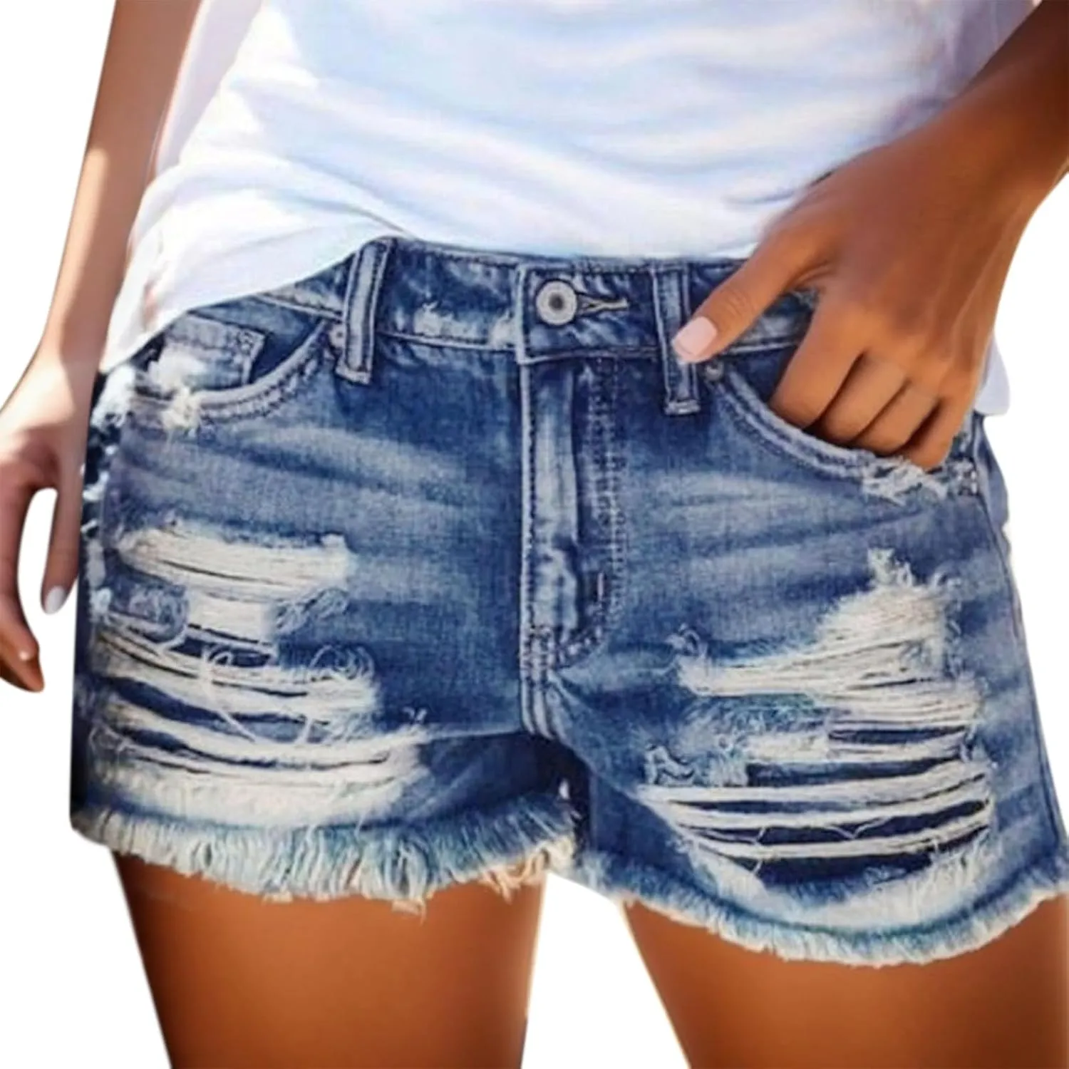High Waisted Curvy Jeans Shorts For Women Frayed Raw Hem Distressed Ripped Hot Shorts Trendy Pull On Denim Shorts