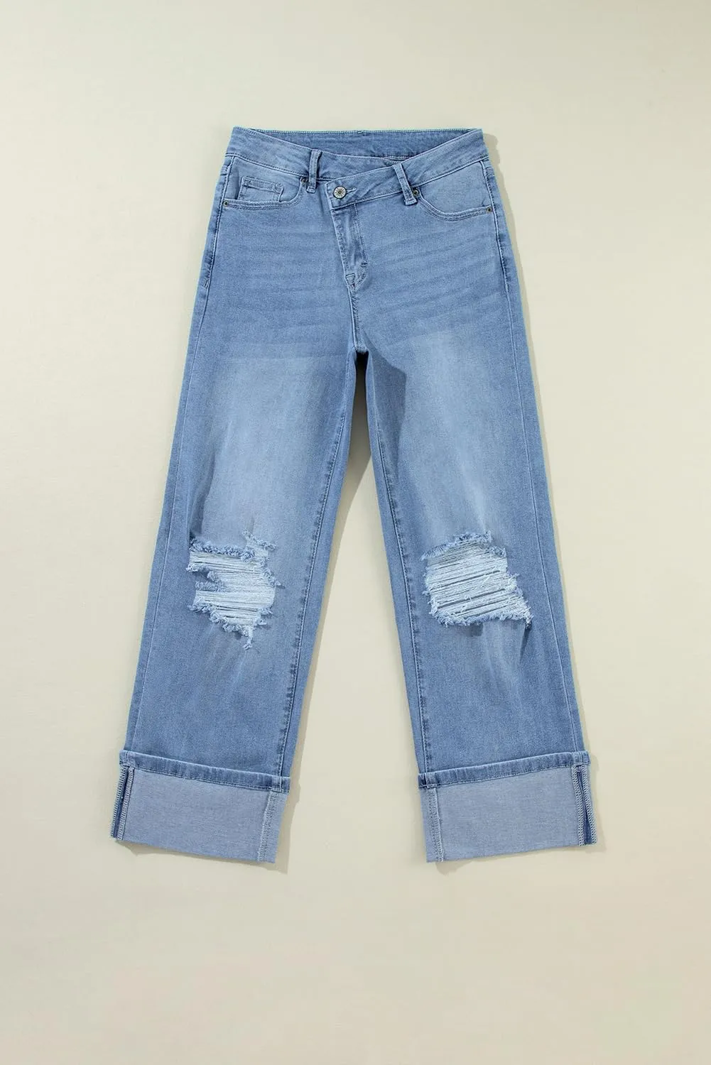 Hotmiss Women's Ripped Flare Jeans High Waisted Stretchy Cuffed Distressed Wide Leg Denim Pants