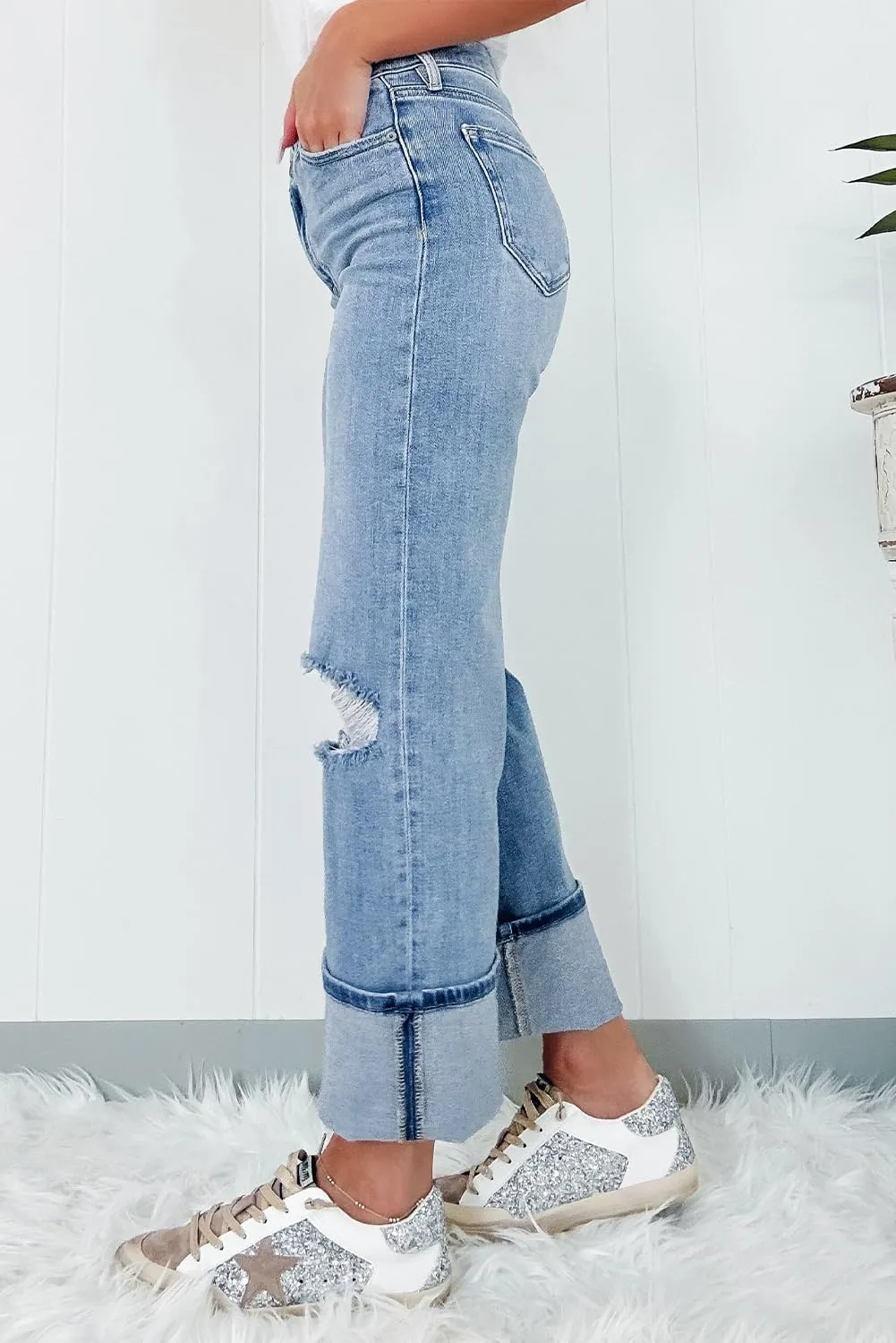 Hotmiss Women's Ripped Flare Jeans High Waisted Stretchy Cuffed Distressed Wide Leg Denim Pants