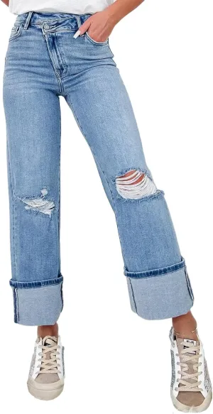 Hotmiss Women's Ripped Flare Jeans High Waisted Stretchy Cuffed Distressed Wide Leg Denim Pants