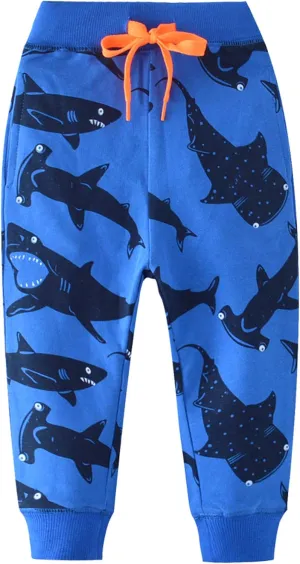HUAER& Boys Cartoon Print Dinosaur Monkey Pattern Cotton Pants Drawstring Elastic Sweatpants