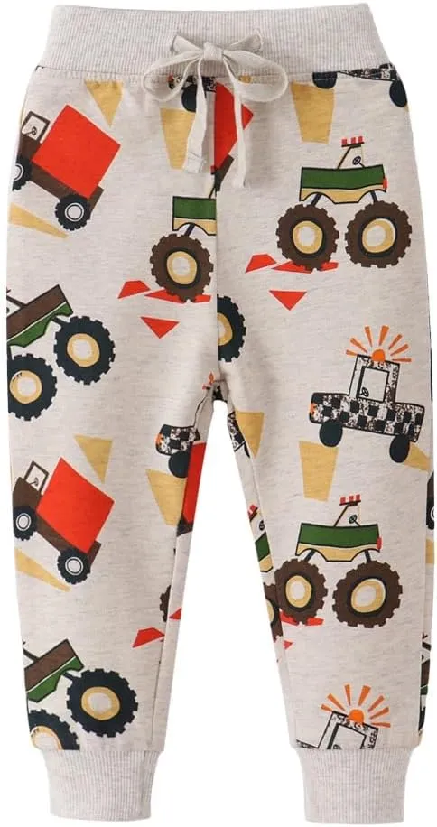 HUAER& Boys Cartoon Print Dinosaur Monkey Pattern Cotton Pants Drawstring Elastic Sweatpants