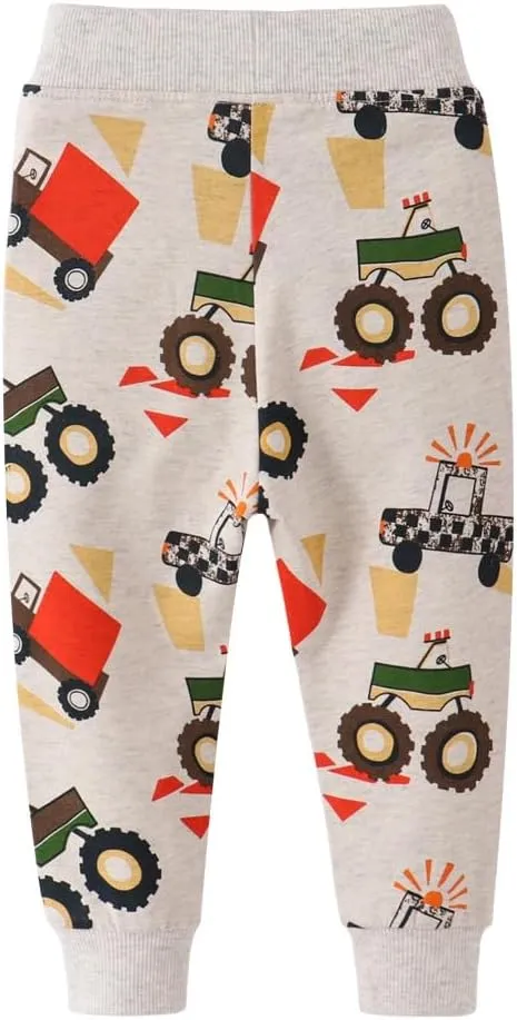 HUAER& Boys Cartoon Print Dinosaur Monkey Pattern Cotton Pants Drawstring Elastic Sweatpants