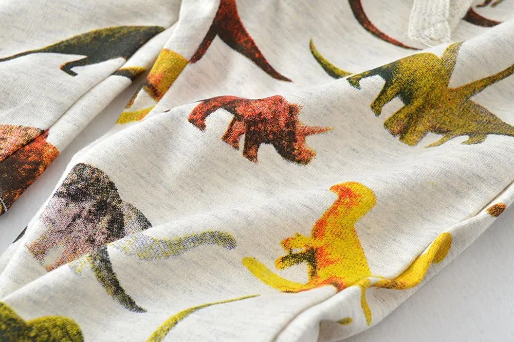 HUAER& Boys Cartoon Print Dinosaur Monkey Pattern Cotton Pants Drawstring Elastic Sweatpants