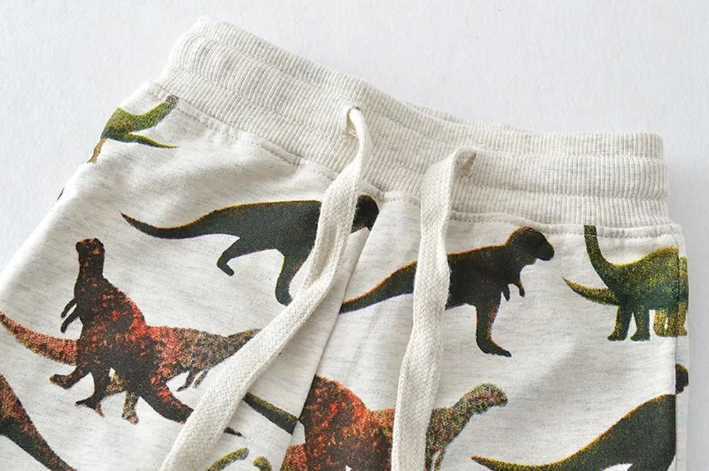 HUAER& Boys Cartoon Print Dinosaur Monkey Pattern Cotton Pants Drawstring Elastic Sweatpants