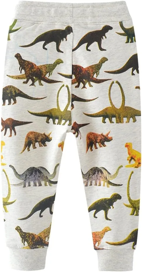 HUAER& Boys Cartoon Print Dinosaur Monkey Pattern Cotton Pants Drawstring Elastic Sweatpants