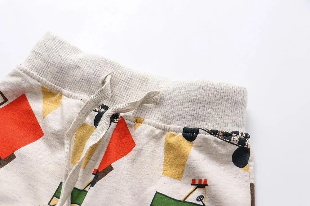 HUAER& Boys Cartoon Print Dinosaur Monkey Pattern Cotton Pants Drawstring Elastic Sweatpants