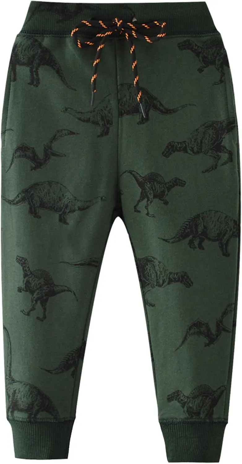 HUAER& Boys Cartoon Print Dinosaur Monkey Pattern Cotton Pants Drawstring Elastic Sweatpants