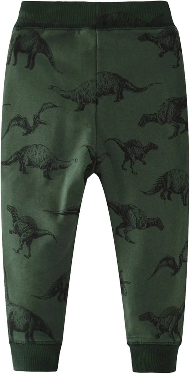 HUAER& Boys Cartoon Print Dinosaur Monkey Pattern Cotton Pants Drawstring Elastic Sweatpants