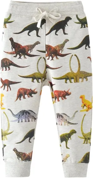 HUAER& Boys Cartoon Print Dinosaur Monkey Pattern Cotton Pants Drawstring Elastic Sweatpants