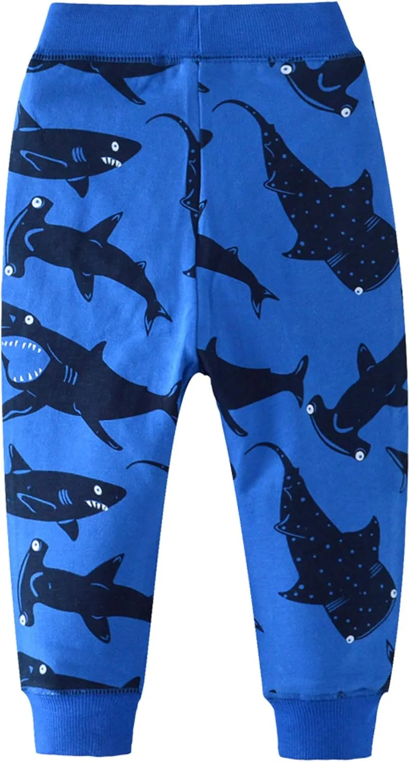 HUAER& Boys Cartoon Print Dinosaur Monkey Pattern Cotton Pants Drawstring Elastic Sweatpants