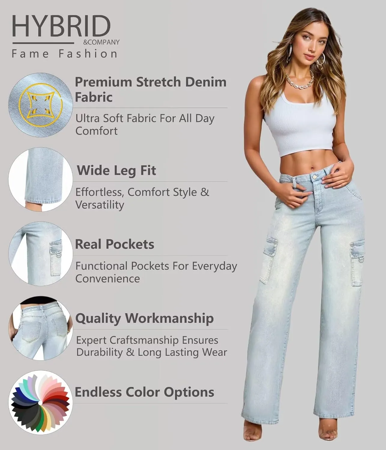 Hybrid & Company Womens Casual Stretch Straight Fit Wide Leg Denim Pants with 6 Pockets