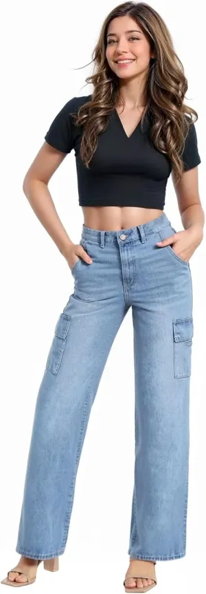 Hybrid & Company Womens Casual Stretch Straight Fit Wide Leg Denim Pants with 6 Pockets