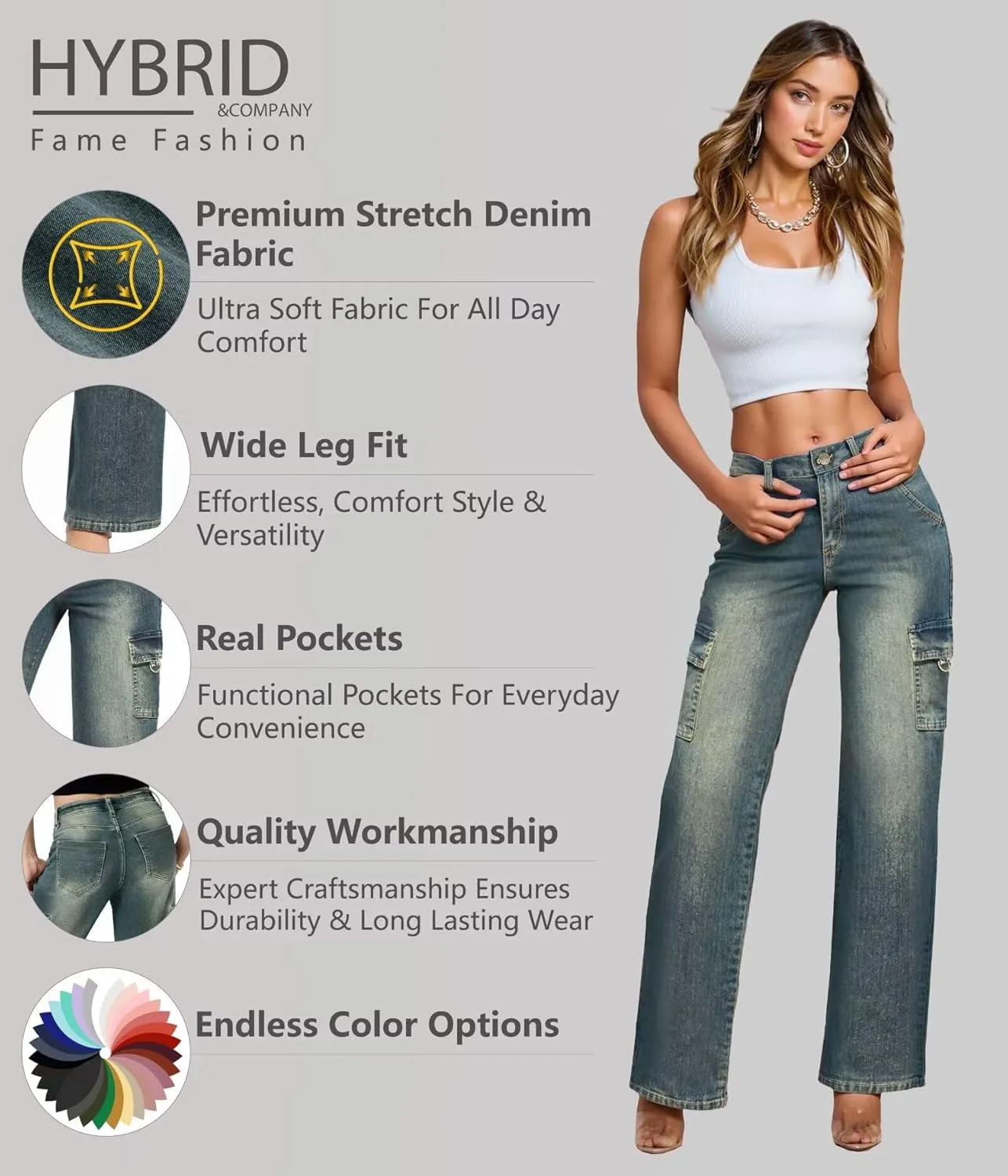 Hybrid & Company Womens Casual Stretch Straight Fit Wide Leg Denim Pants with 6 Pockets