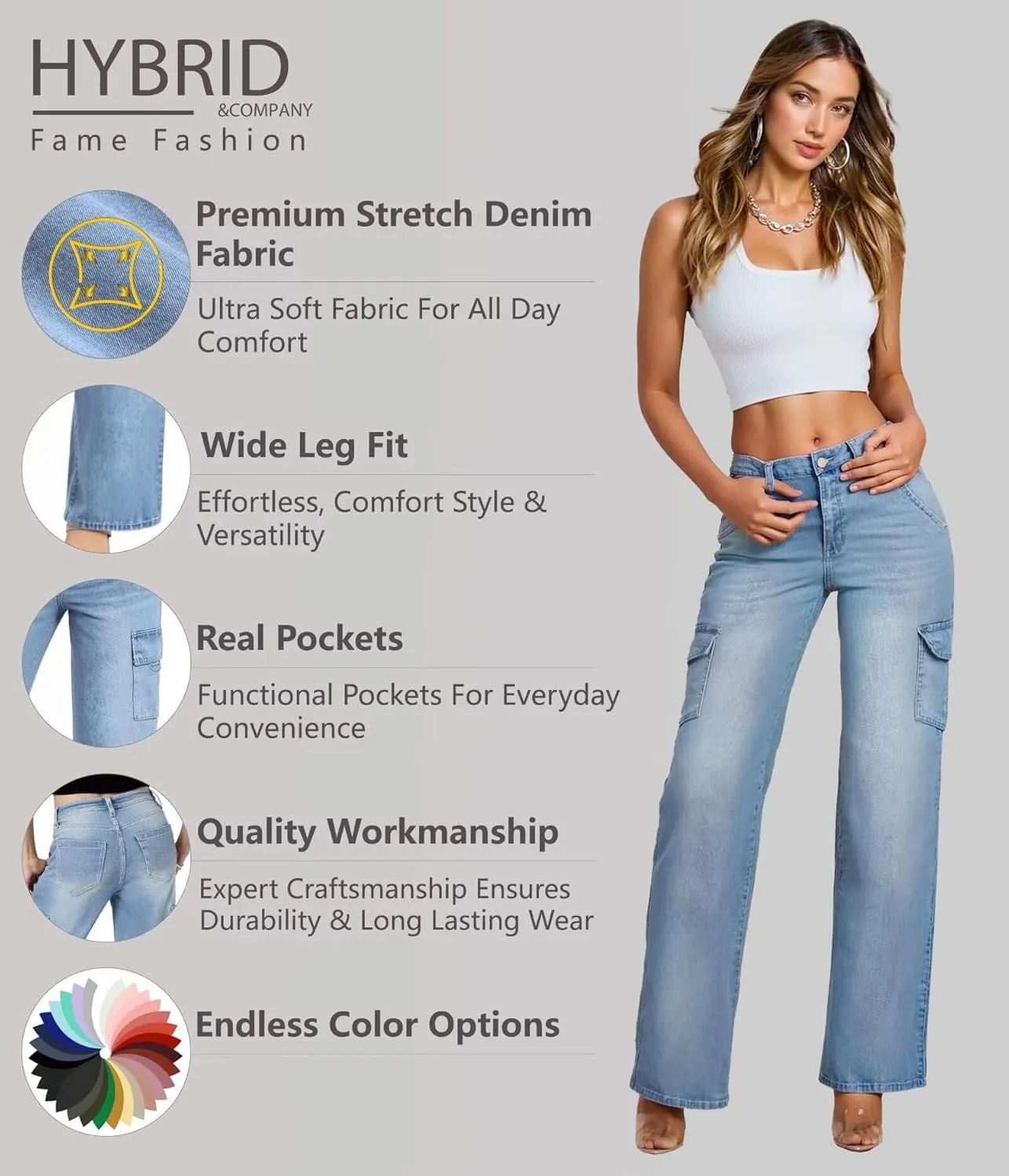 Hybrid & Company Womens Casual Stretch Straight Fit Wide Leg Denim Pants with 6 Pockets