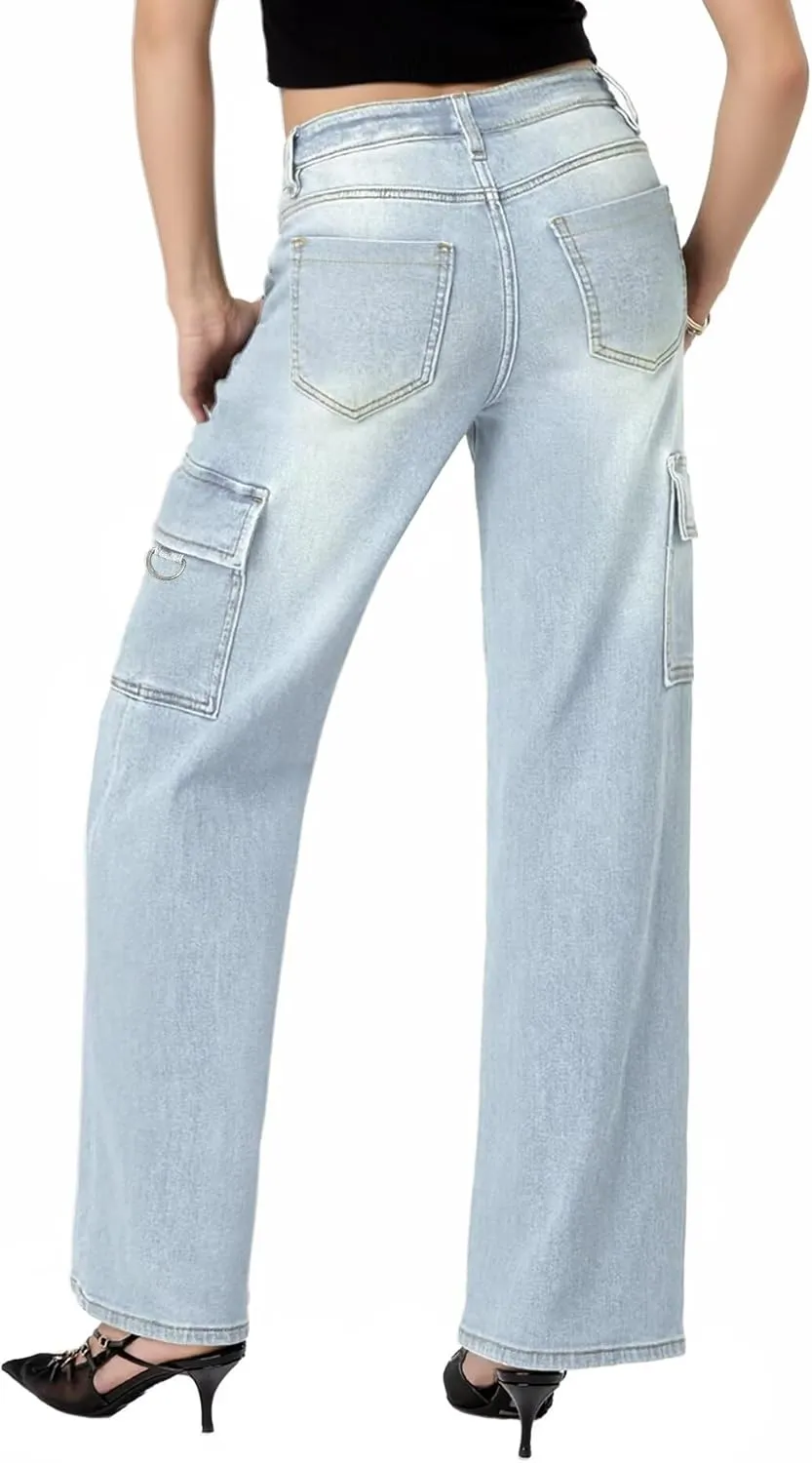Hybrid & Company Womens Casual Stretch Straight Fit Wide Leg Denim Pants with 6 Pockets