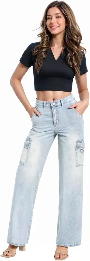 Hybrid & Company Womens Casual Stretch Straight Fit Wide Leg Denim Pants with 6 Pockets
