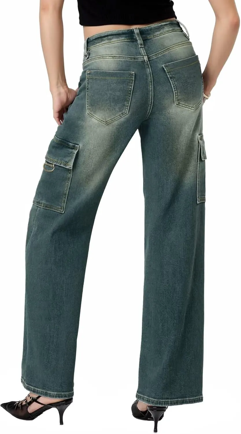 Hybrid & Company Womens Casual Stretch Straight Fit Wide Leg Denim Pants with 6 Pockets