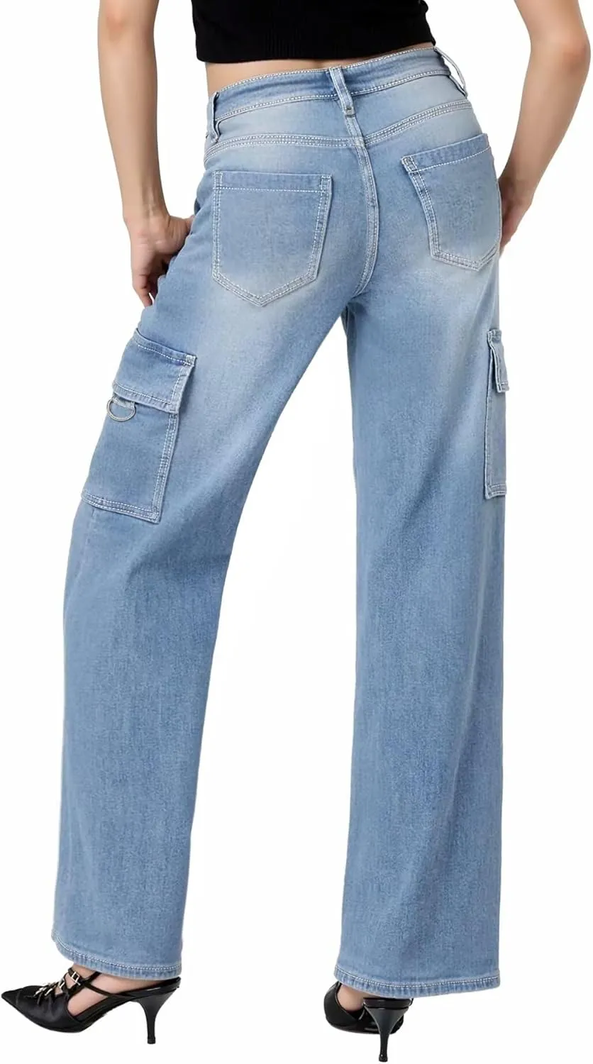 Hybrid & Company Womens Casual Stretch Straight Fit Wide Leg Denim Pants with 6 Pockets