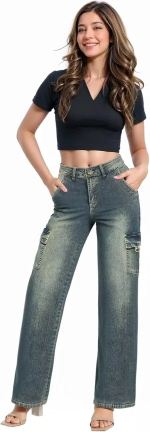Hybrid & Company Womens Casual Stretch Straight Fit Wide Leg Denim Pants with 6 Pockets