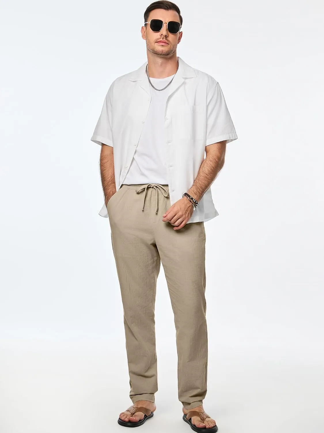 JMIERR Mens Cotton Pants Casual Elastic Waist Drawstring Lightweight Summer Beach Trousers with Pockets