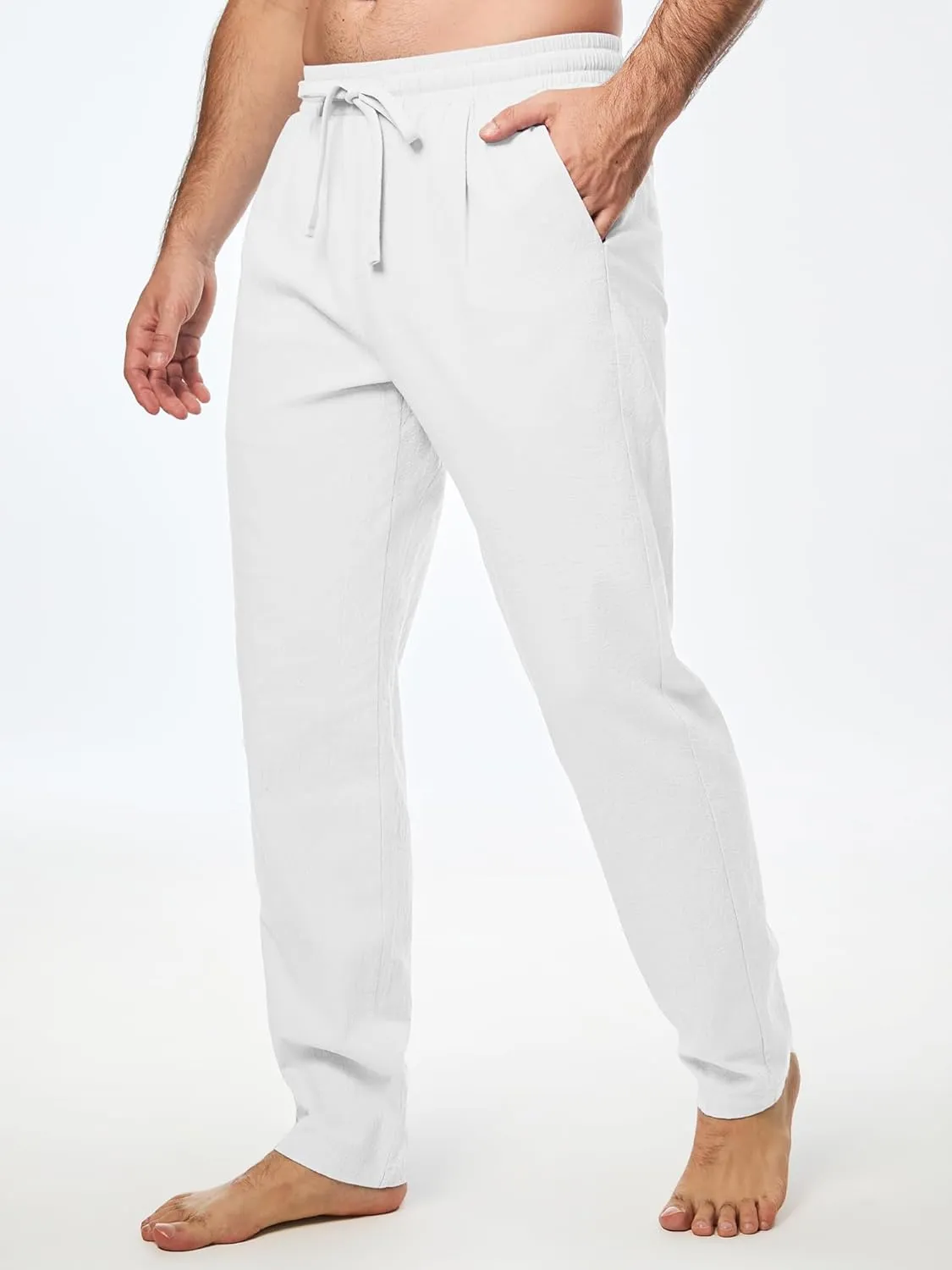 JMIERR Mens Cotton Pants Casual Elastic Waist Drawstring Lightweight Summer Beach Trousers with Pockets