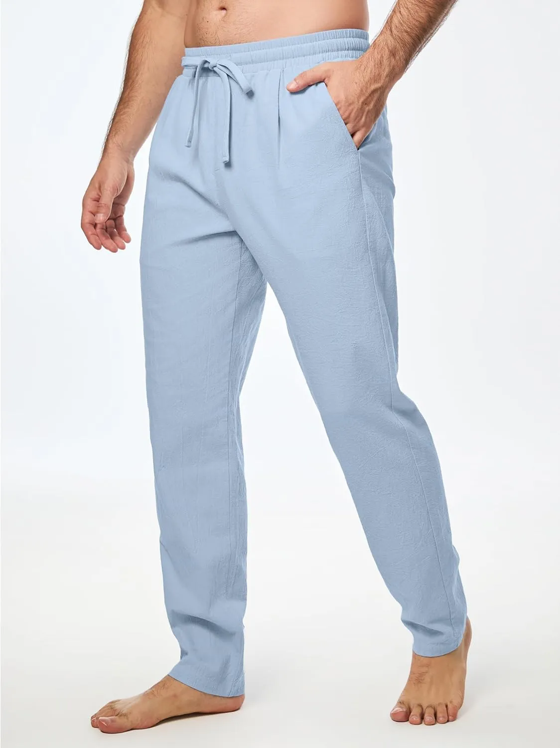 JMIERR Mens Cotton Pants Casual Elastic Waist Drawstring Lightweight Summer Beach Trousers with Pockets