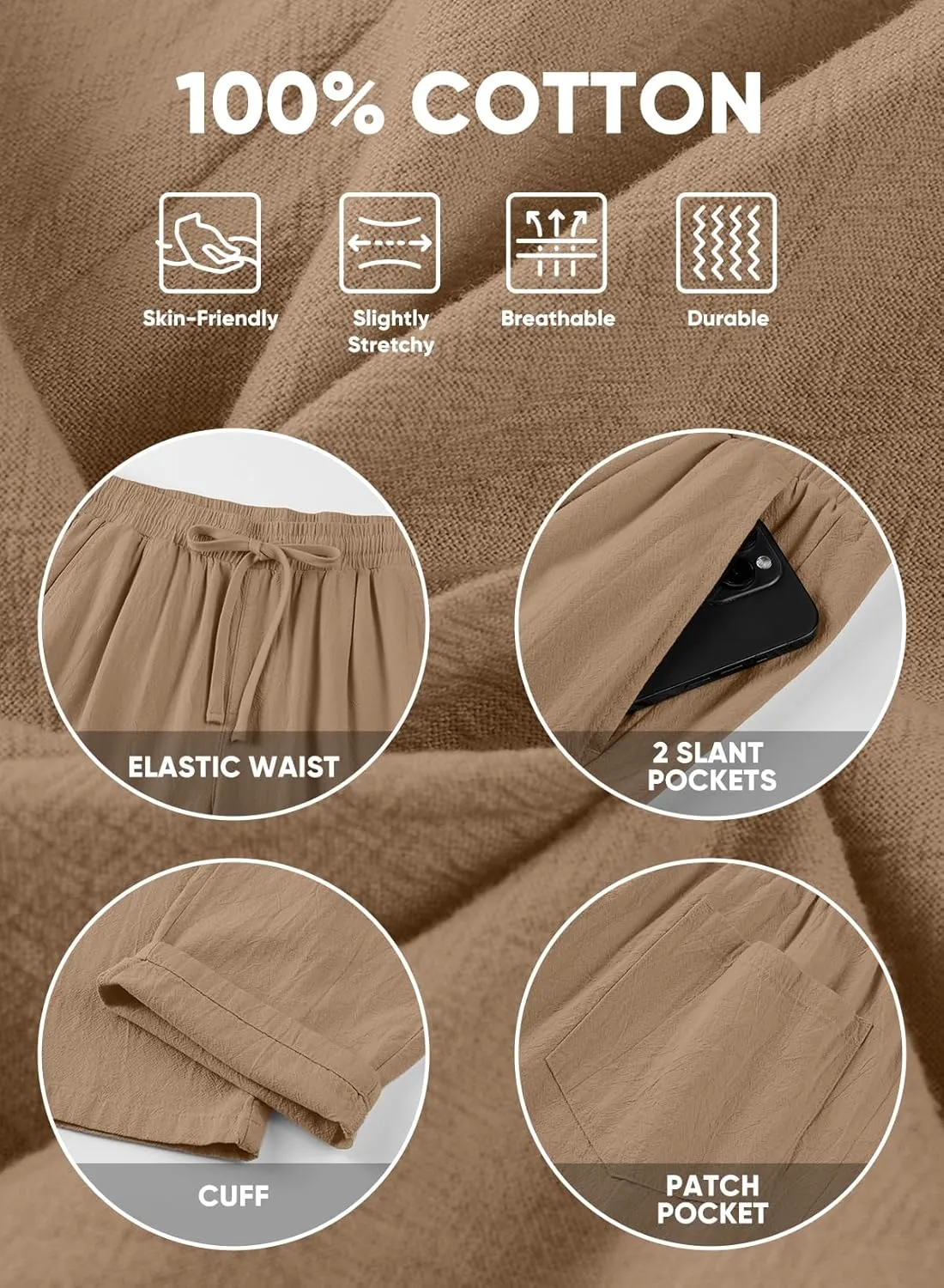 JMIERR Mens Cotton Pants Casual Elastic Waist Drawstring Lightweight Summer Beach Trousers with Pockets