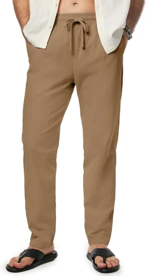 JMIERR Mens Cotton Pants Casual Elastic Waist Drawstring Lightweight Summer Beach Trousers with Pockets