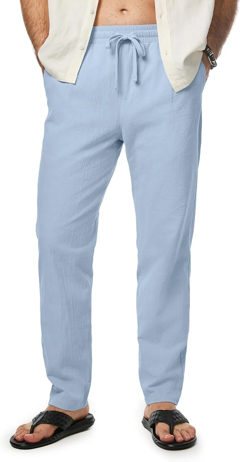 JMIERR Mens Cotton Pants Casual Elastic Waist Drawstring Lightweight Summer Beach Trousers with Pockets