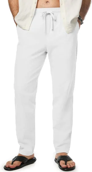 JMIERR Mens Cotton Pants Casual Elastic Waist Drawstring Lightweight Summer Beach Trousers with Pockets