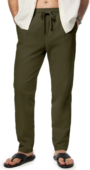 JMIERR Mens Cotton Pants Casual Elastic Waist Drawstring Lightweight Summer Beach Trousers with Pockets