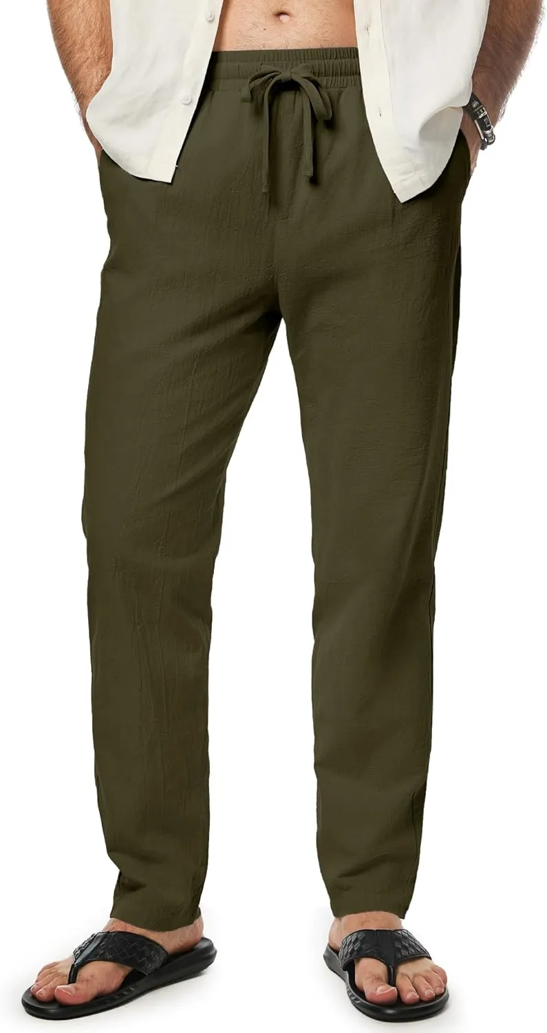 JMIERR Mens Cotton Pants Casual Elastic Waist Drawstring Lightweight Summer Beach Trousers with Pockets